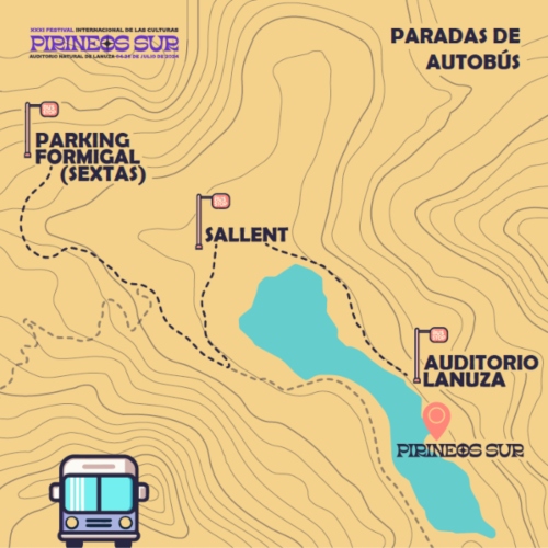 Mapa con las paradas de los buses lanzadera para Pirineos Sur 2024. 