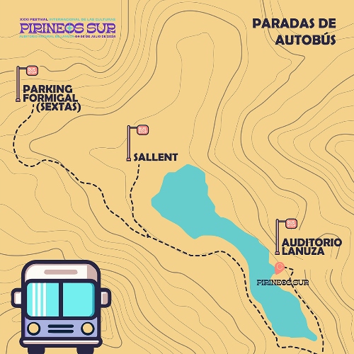 Mapa con las tres líneas de autobuses para Pirineos Sur 2024.